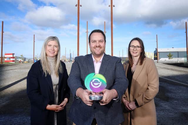 Built for Growth (BFG) Digital, which has headquarters in the Catalyst Inc Innovation Centre in Titanic Quarter in Belfast, has been named the Best eCommerce Agency (under 40 employees) in the UK. Pictured are Ardmore deputy managing director Miriam Moertl, BFG Digital co-head of consultancy and services Andrew McComb and BFG Digital co-head of consultancy and services Leanne Blair
