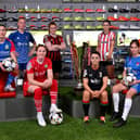 Getting ready for the Sports Direct Women’s Premiership kick-off, with players from all nine competing clubs pictured at Sports Direct’s Belfast store on the Boucher Road. (Photo by NIFL)