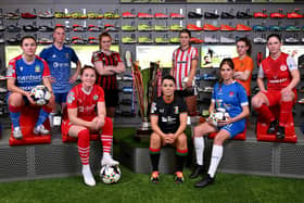 Getting ready for the Sports Direct Women’s Premiership kick-off, with players from all nine competing clubs pictured at Sports Direct’s Belfast store on the Boucher Road. (Photo by NIFL)