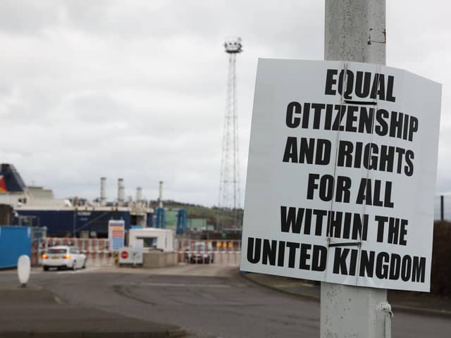 An anti-Northern Ireland Protocol sign at Larne port. Checks between Northern Ireland and the rest of the UK were introduced at the start 2021 as part of the Northern Ireland Protocol following Brexit.  



Picture by Philip Magowan / PressEye