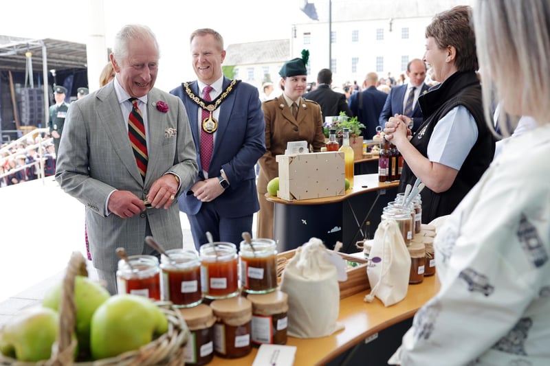 King Charles III samples local produce during a Celebration of Culture at Market Theatre Square in Armagh. Picture: Chris Jackson/Getty Images