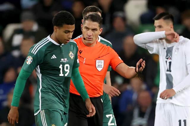 Northern Ireland's Shea Charles is sent off in a 1-0 loss to Slovenia during the UEFA Euro 2024 qualifying fixture at The National Football Stadium at Windsor Park, Belfast. (Photo by Liam McBurney/PA Wire)