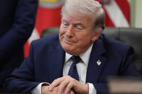 President Donald Trump speaks during a meeting between the ambassadors of Israel and Lebanon in the Oval Office at the White House, Thursday, April 23, 2026, in Washington. (AP Photo/Mark Schiefelbein)