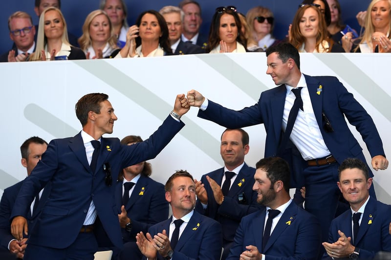 Rory McIlroy and Thorbjorn Olesen sharing a moment at the opening ceremony in Paris. (Photo by Ross Kinnaird/Getty Images)