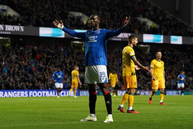 Rangers' Abdallah Sima celebrates scoring his side's first goal in the 4-0 victory over Livingston in the Viaplay Cup quarter-final clash at Ibrox