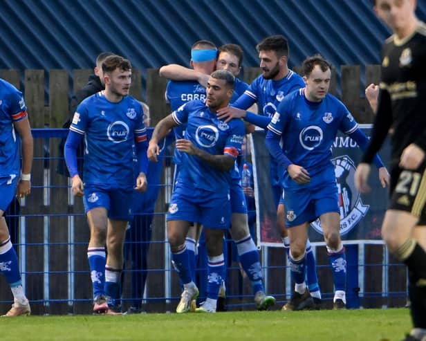 Loughgall’s Pablo Andrade celebrates scoring their equaliser against Crusaders. PIC: INPHO/Stephen Hamilton
