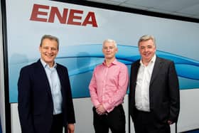 Software provider, Enea has made a strategic investment in Research & Development (R&D) to build a 5G next generation mobile telecoms platform from its Northern Ireland Engineering Centre. Pictured are Jeremy Fitch, executive director of business solutions, Invest NI, Liam McCollum, director of software engineering, Enea and Fergus Wills, strategic marketing manager, Enea