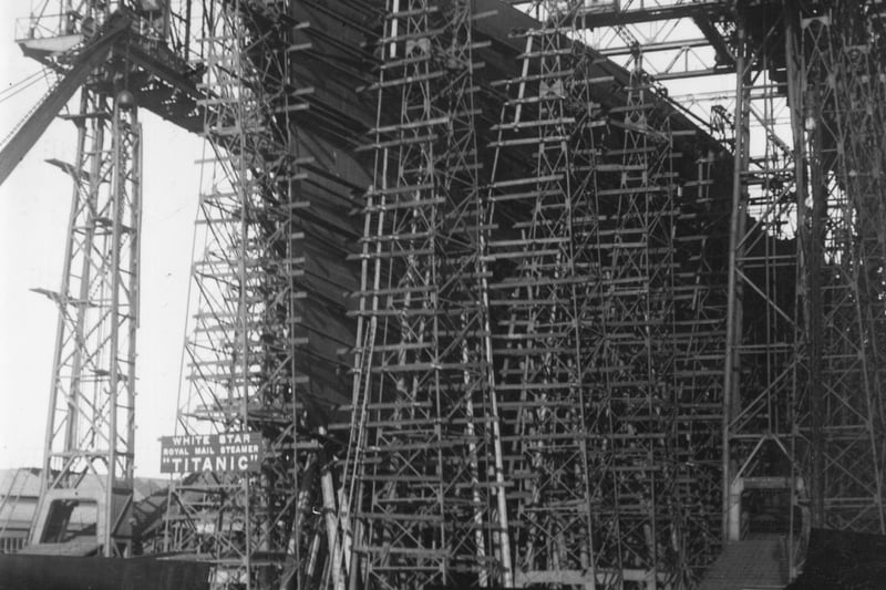 The White Star liner 'Titanic' in course of construction at the Harland and Wolff shipyard in Belfast.   (Photo by F J Mortimer/Hulton Archive/Getty Images)