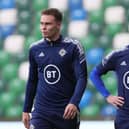 Northern Ireland's Kofi Balmer and Steven Davis during a training session at the National Stadium, Belfast.  PIC: David Maginnis/Pacemaker Press