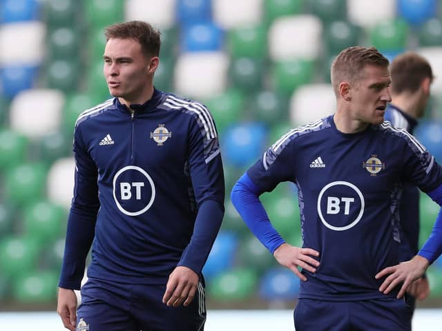 Northern Ireland's Kofi Balmer and Steven Davis during a training session at the National Stadium, Belfast.  PIC: David Maginnis/Pacemaker Press