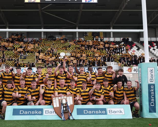 RBAI celebrate winning the Danske Bank Schools' Cup Final at Kingspan Stadium, Belfast after a 21-14 victory over Ballymena Academy