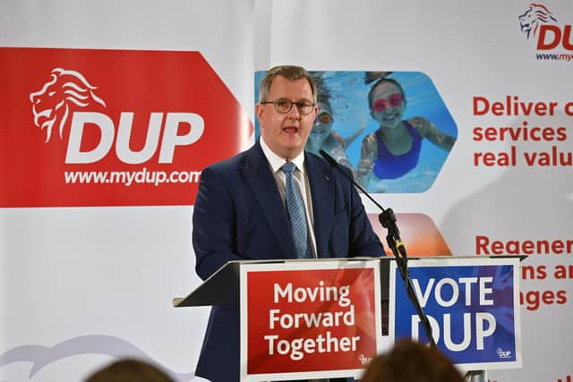 Sir Jeffrey Donaldson pictured this morning at Party’s manifesto for the Local Government election, Crowne Plaza Hotel, Shaw’s Bridge, Belfast.