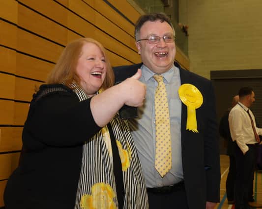 Naomi Long celebrates Stephen Farry's election as North Down MP in 2019. Alliance is the only winner in the DUP-UUP quarrel, yet the latter parties have no significant policy differences. They should recognise the importance of recuperating their combined strength at Westminster. Pic Laura Davison/Pacemaker