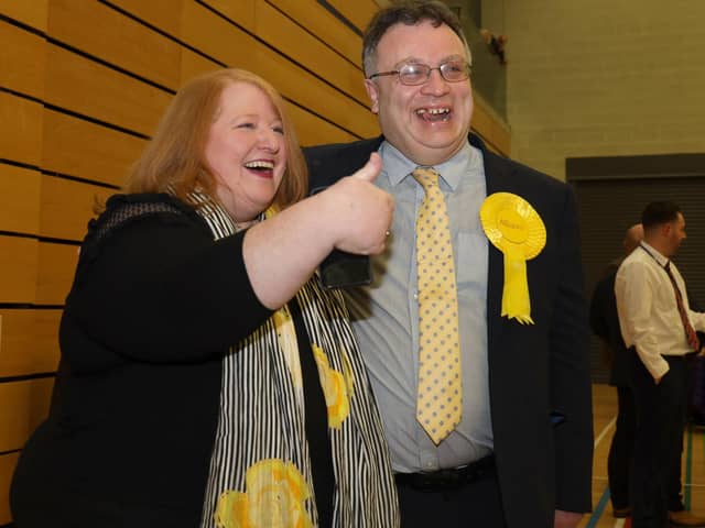 Naomi Long celebrates Stephen Farry's election as North Down MP in 2019. Alliance is the only winner in the DUP-UUP quarrel, yet the latter parties have no significant policy differences. They should recognise the importance of recuperating their combined strength at Westminster. Pic Laura Davison/Pacemaker