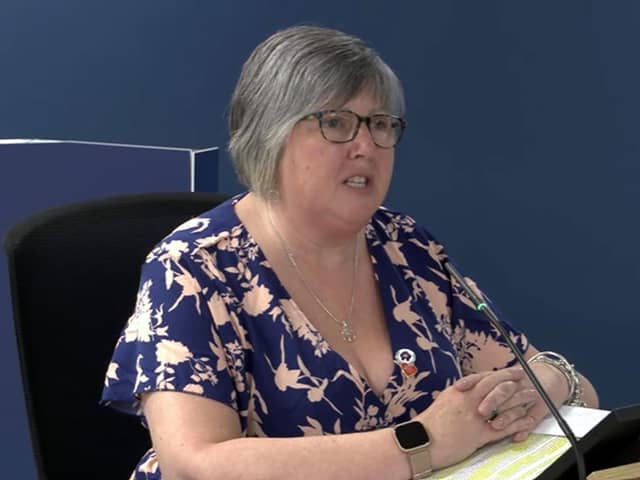 Brenda Doherty of Northern Ireland Covid-19 Bereaved Families for Justice, giving evidence to the UK Covid-19 Inquiry at Dorland House in London