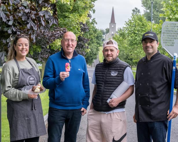 Pictured at the launch of this year's Moira Speciality Food Fair are, Rebecca Vance, RARE Grazing NI, Councillor John Laverty MBE, chairman of the Regeneration & Growth Committee, Aaron Heasley, Moon Gelato and Massimo Fierro, Pizza Street. Picture: LCCC