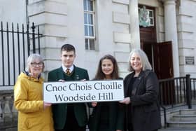 Pictured from left: rom Pádraig Ó Tiarnaigh, Gavin Booth, Nóe Ó hÁgáin-Fontes, Iris Hagan, Macha Ní Ágáin-Fontes, Róisín Ní Ágáin-Fontes and Cuisle Nic Liam at Belfast High Court on Thursday.