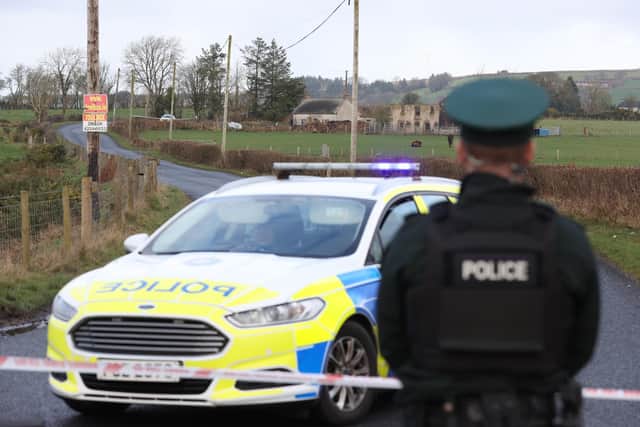 A police cordon in Omagh, Co Tyrone, where off-duty PSNI DCi John Caldwell was shot a number of times in February 2023. Photo: Liam McBurney/PA