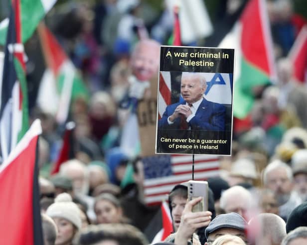 People during a Pro-Palestinian protest outside the US Consulate in Belfast. Picture date: Saturday November 4, 2023. Photo : Peter Morrison/PA Wire