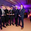 Joseph Gillan, James Logan, Jack Fullerton from Atlas Smart Technologies pictured with InterTradeIreland CEO Margarety Hearty and chair Richard Kennedy