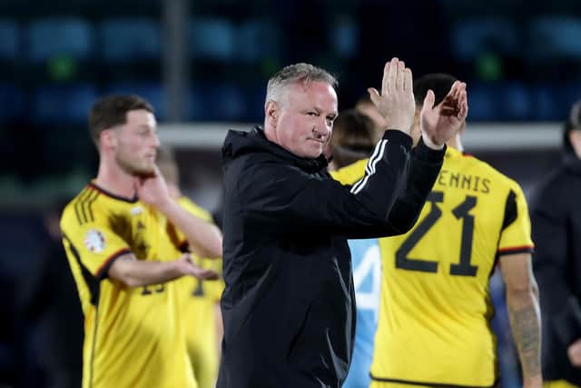 Northern Ireland manager Michael O'Neill applauds the travelling support after last night's 2-0 Euro 2024 qualifying victory over San Marino in Serravalle. Picture: William Cherry/Presseye