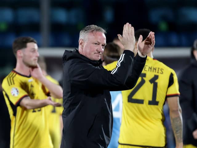 Northern Ireland manager Michael O'Neill applauds the travelling support after last night's 2-0 Euro 2024 qualifying victory over San Marino in Serravalle. Picture: William Cherry/Presseye