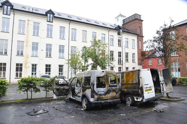 Police are appealing for information and witnesses after three vans and two cars were set alight in the Taylors Avenue area of Carrickfergus. Pic: Arthur Allison/Pacemaker Press