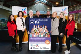 Lisburn & Castlereagh Development Committee’s chairman, alderman Allan Ewart MBE pictured with representatives from a range of employers exhibiting at the job fair. Included are Kirsty Brown and Hannah McCann from Coca Cola, Graham White from South Eastern Trust, Janice Cooke from South Eastern Regional College and Gareth Johnston from Decora Blinds