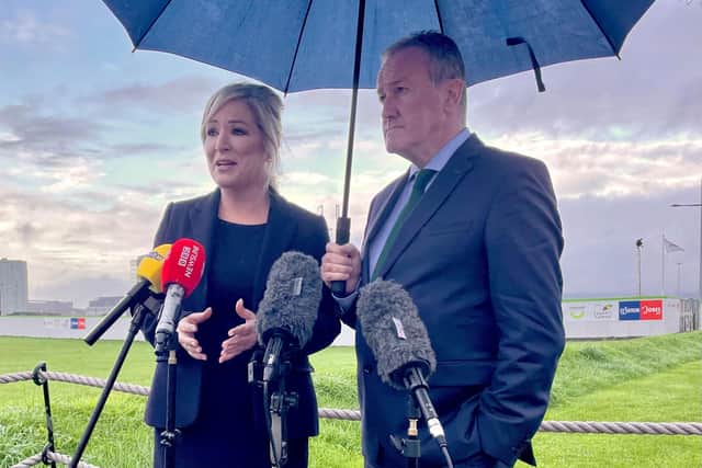 Sinn Fein's Stormont leader Michelle O'Neill and party colleague Conor Murphy speak to the media after a breakfast with US investors at the Titanic Centre, Belfast. Photo: David Young/PA Wire