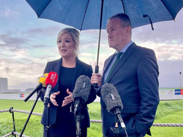 Sinn Fein's Stormont leader Michelle O'Neill and party colleague Conor Murphy speak to the media after a breakfast with US investors at the Titanic Centre, Belfast. Photo: David Young/PA Wire