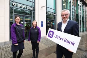 Ulster Bank head of personal banking, Terry Robb, announces the investment and brand refresh with Karen Russell and Patricia Carroll from the branch team at Ulster Bank’s branch on Donegall Square, Belfast
