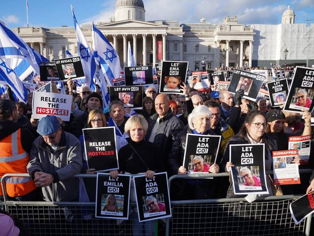 The Israel Solidarity Rally in Trafalgar Square, London, on Sunday, attended by Ruth Dudley Edwards. The rally called for the safe return of hostages and highlighted the effect of the Hamas terrorist attacks on Israel. Chief rabbi, Sir Ephraim Mirvis, told those in attendance: 'It’s at a time such as this that we discover who our true friends are.' According to Ruth Dudley Edwards, this doesn't include Ireland's president Michael D Higgins, who said European Commission president Ursula von der Leyen had been 'thoughtless and even reckless' when she voiced support for Israel in the wake of the Hamas terrorist attacks