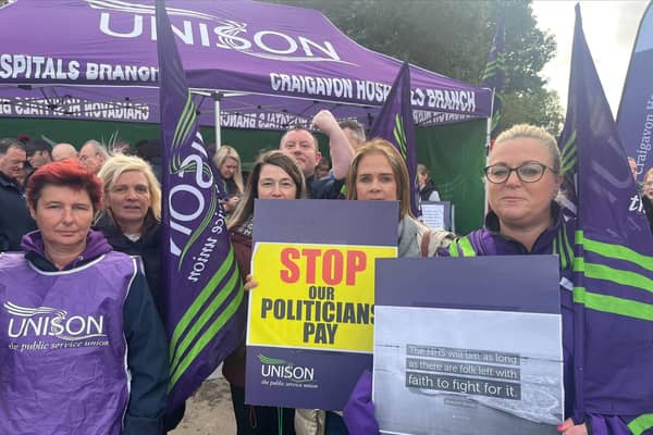 Members of Unison on strike outside Craigavon Area Hospital in Co Armagh, Northern Ireland, as thousands of healthcare workers have begun day two of a 48-hour strike to call for pay parity with health workers in other parts of the UK, as well as increased funding for health services.  Photo: Claudia Savage/PA Wire