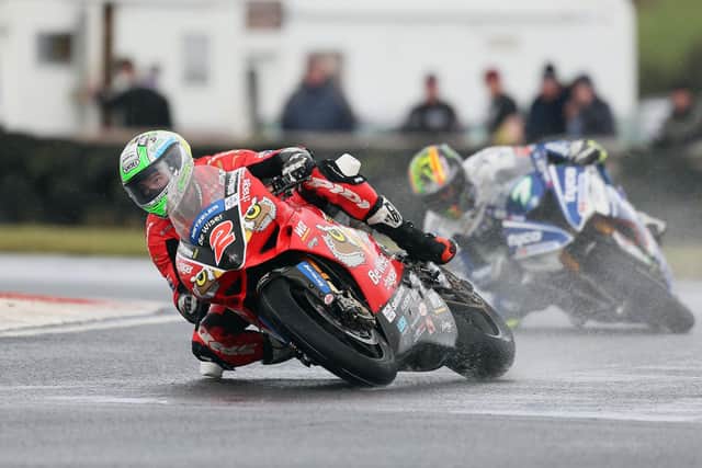 Glenn Irwin (Be Wiser/PBM Ducati) leads runner-up Michael Laverty (Tyco BMW) on his way to winning the Sunflower Trophy race for the second time in 2017 at Bishopscourt.