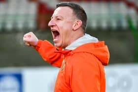 Carrick Rangers manager Stuart King celebrates after his side came from behind to draw 2-2 with Glentoran last weekend. PIC: Andrew McCarroll/ Pacemaker Press