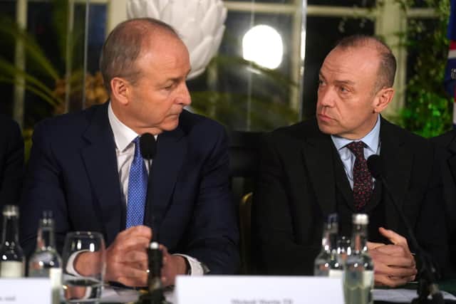 Northern Ireland Secretary Chris Heaton-Harris (right) with Tanaiste Micheal Martin (left) at a press conference at Farmleigh House in Dublin after the British Irish Intergovernmental Conference