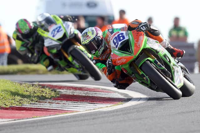 Tom Booth-Amos (Gearlinkl Kawasaki) leads runner-up Eunan McGlinchey (EMR Kawasaki) during the Supersport race on Sunday at Bishopscourt in Co Down.