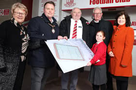 Councillor Vera McWilliam, Mayor of Antrim and Newtownabbey, Councillor Mark Cooper, Robert Fleck, Business Development Director at Ballyclare Comrades FC, Councillor Michael Stewart, Councillor Helen Magill and Ballyclare Primary School pupil, Olivia Mawhinney.