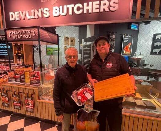 Tommy McCabe was the first customer at the Devlin’s Butchers counter at the new Eurospar Downpatrick's. As a little thank you Micky presented him with a lovely Devlin's engraved chopping board to take home