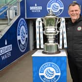 Cliftonville manager Jim Magilton with the Irish Cup trophy ahead of today's final against Linfield at Windsor Park. PIC: Stephen Hamilton/Presseye