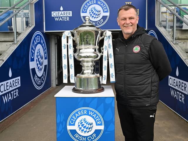 Cliftonville manager Jim Magilton with the Irish Cup trophy ahead of today's final against Linfield at Windsor Park. PIC: Stephen Hamilton/Presseye