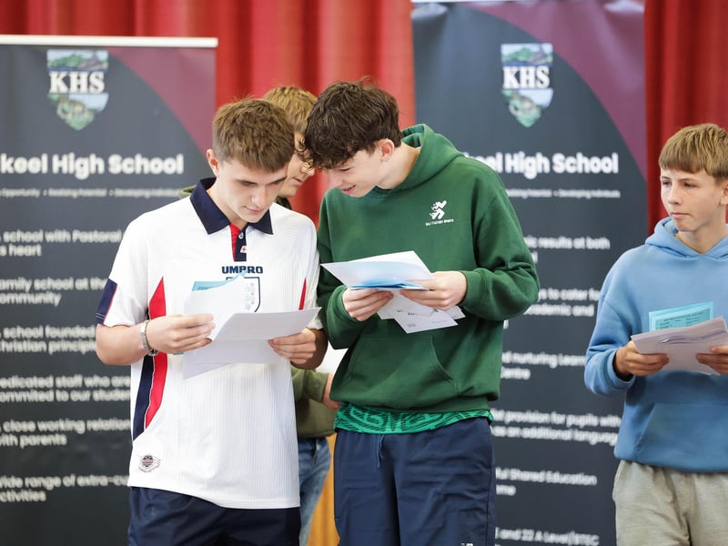 Pupils after receiving their GCSE results at Kilkeel High School in County Down