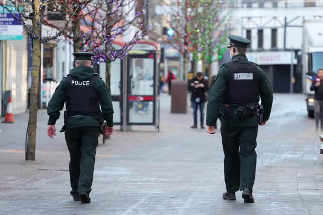 General view of PSNI officers on patrol  in Lisburn city centre