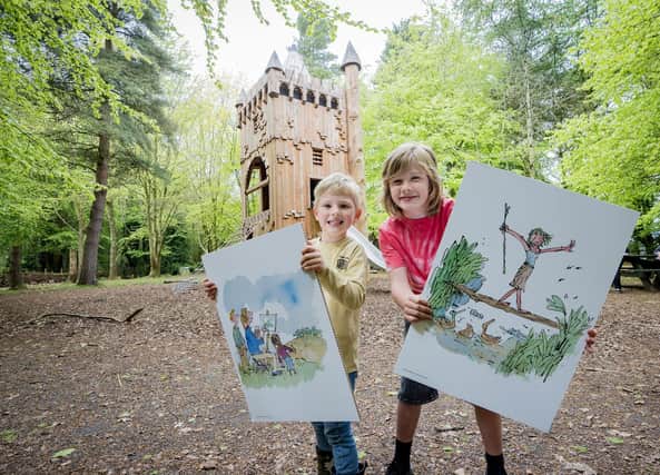 Leo and Finn with Quentin Blake illustrations at WWT Castle Espie, Co Down