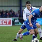 Loughgall's Andrew Hoey in action against Linfield's Josh Archer. PIC: David Maginnis/Pacemaker Press