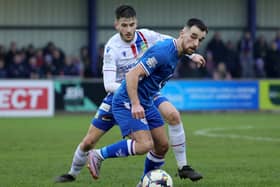 Loughgall's Andrew Hoey in action against Linfield's Josh Archer. PIC: David Maginnis/Pacemaker Press