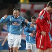 James Costello celebrates scoring for Ballymena United against Portadown. PIC: Darren Kidd/Presseye