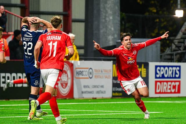 Kevin O'Hara heads off after firing Larne in front on Friday against Portadown across the Boyle Sports Premiership. (Photo by Andrew McCarroll/Pacemaker Press)