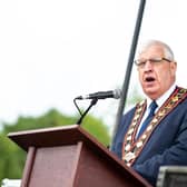 Rev William Anderson, Sovereign Grand Master of the Royal Black Institution addresses the crowd at Scarva. (Photo by Graham Baalham-Curry)