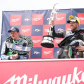 Peter Hickman with the Senior TT trophy after beating runner-up Dean Harrison (left) and Michael Dunlop in the blue riband finale on Saturday